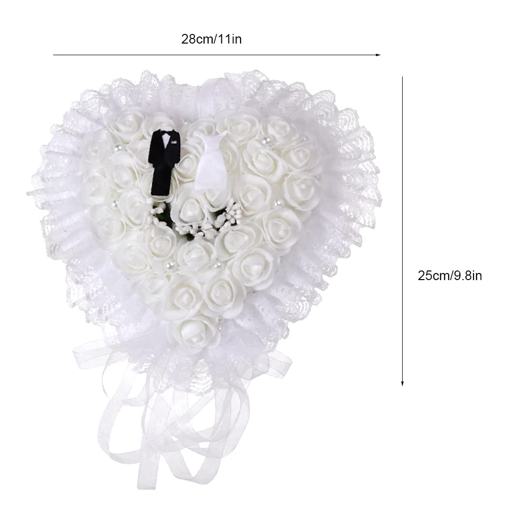 lvifloae Wedding Jewery Case Wedding Pillow,White Heart Shape Wedding Groom Bride Pillow Cushion Holder Box for Bearer Wedding Ceremony (White)