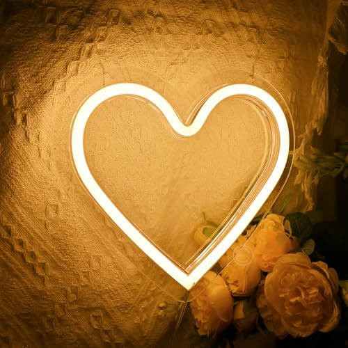Image of Britrio Heart Neon Light Sign, Warm White Neon Heart Light Sign for Bedroom Girl Dorm Classroom Wall Decor Birthday Party Wedding Valentines Day Proposal Anniversary Battery Operated or USB Powered