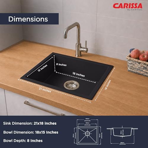 Image of Carissa By Carysil Titanium Max Quartz Kitchen Sink 21 x 18 x 8 inches, Single Bowl Granite Sink with 80% Quartz & 20% Resin, Heat Resistant 300C, 50kg Load Bearing, Stain Resistant - Z-Black