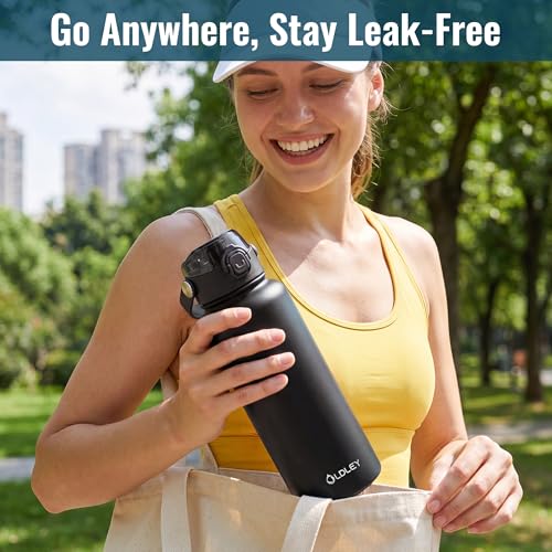 Image of OLDLEY 32oz Insulated Water Bottle with 2-in-1 Straw & Chug Lid, Leakproof Stainless Steel Bottle, Double Wall Vacuum Insulated Water Bottle for Sports, Gym, Travel,Black