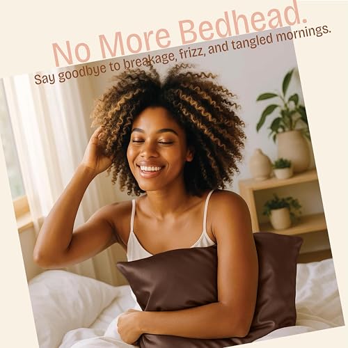Image of BLISSFORD Brown Satin Pillowcase with Zipper, for Hair and Skin Care, Feels Soft and Cool Like a Silk Pillowcase, Satin Pillow Cases 2 Pack, Slik Pillow Cover, Standard Size, Set of 2
