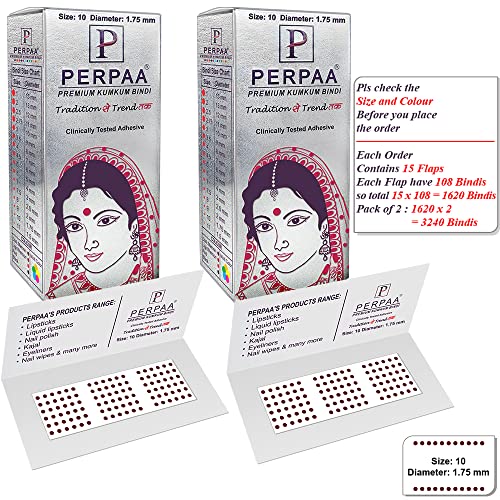 Image of PERPAA Kumkum Dark Maroon Round Bindi Book for Ladies Forehead Pack of 2-15 Flaps Each Box (Stick On) (10, Diameter 1.75mm)