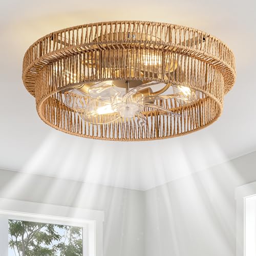 DARYEWO Rattan Boho Ceiling Fan with Light Flush Mount 20 Inch Caged Ceiling Fans with Light and Remote Control Low Profile Enclosed 6 Speeds for Bedroom Nursery Living Room E26 Base (Brown)