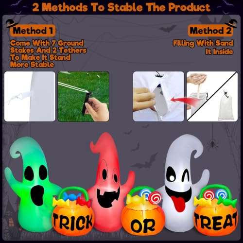 Image of 8 Ft Long Halloween Inflatable 3 Ghosts with Pumpkin Candy Bags Decoration