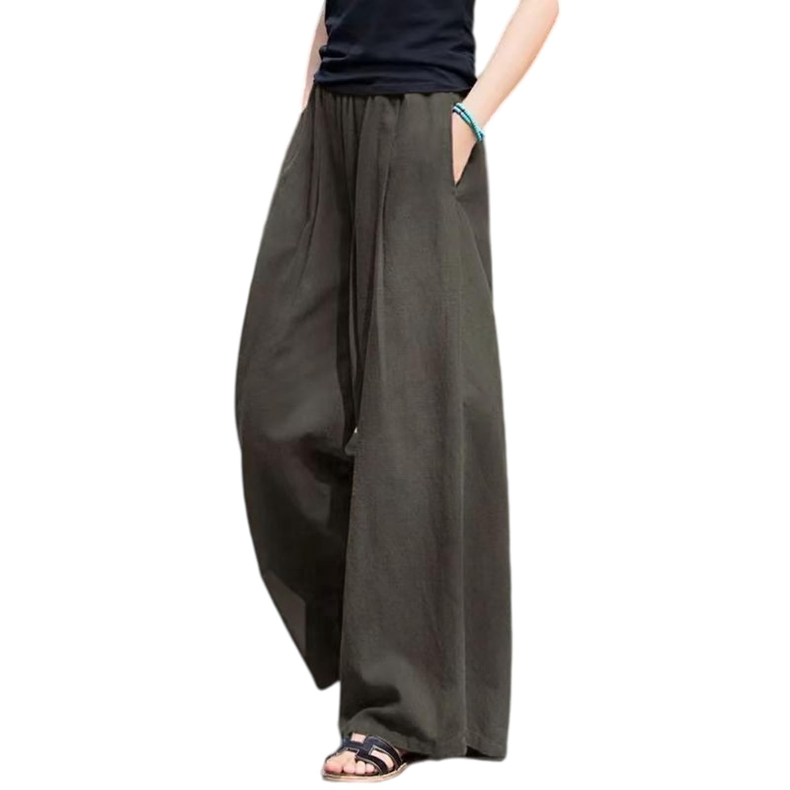 Pantalones de pierna ancha de lino y algodón sólido de cintura alta para primavera y verano para mujer