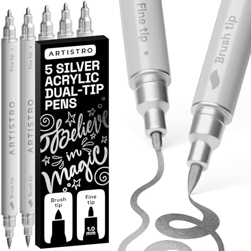 Image of ARTISTRO 5 Silver Acrylic Paint Markers - Paint Pens for Drawing - For Fabric, Rock, Glass, Wood, Molds - Arts & Crafts Gift for Adults, Teens, Kids, Classroom Must Haves & School Supplies