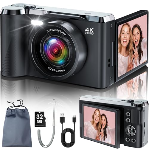 JDZ 4K Digital Camera for Photography and Video, 56MP Autofocus Vlogging Camera for YouTube, 3'' 180° Flip Screen, 16X Zoom, Flash, Compact Travel Camera with 32GB Card for Beginners