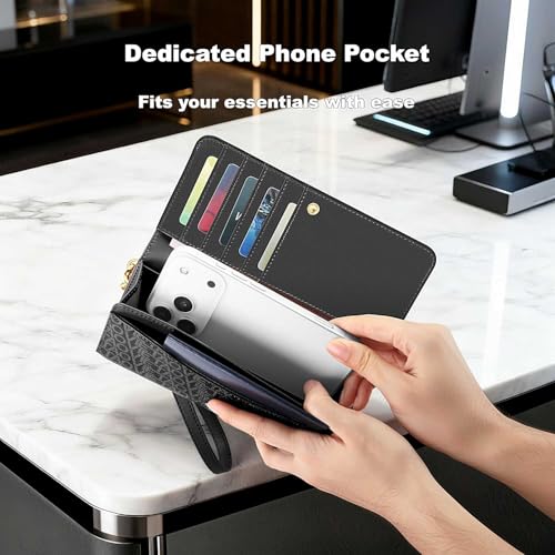 Image of Womens Wallet, RFID Blocking Wristlet Wallets for Women, Large Capacity Leather Clutch Purse for Ladies Daily Use and Travel, Card & Phone Holder - Black