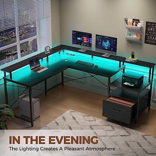 Rolanstar Computer Desk With File Drawer, 68" L Shaped Desk With Power Outlet & Led Strip, L Shaped Computer Corner Desk With File Cabinet, Gaming Desk With Monitor Shelf, Home Office Desk, Black #TOP5