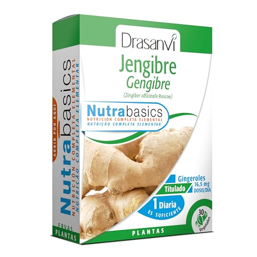 DRASANVI NUTRABASICS JENGIBRE - Ayuda al sistema inmunitaro, a la fatiga, al tracto intestinal y a evitar mareos - VEGANO - SIN GLUTEN - 30 cápsulas vegetales
