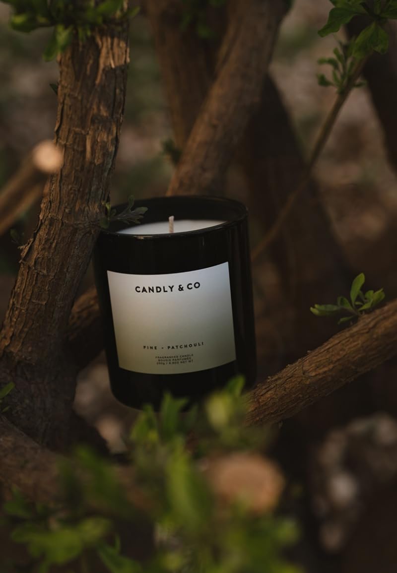 Candly&Co Nr.4 Kiefer-Patchouli/Luxus-Duftkerze/ 100% Soja/Rauchglas/Docht aus Baumwolle/ 250g/ Kiefer, Patschuli, Sandelholz, Zedernholz, Eichenmoos, cremige Vanille, Balsamtanne/Handgefertigt in EU