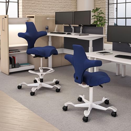 Image of HAG Capisco Sit to Stand Chair-White Frame-Upholstered Cobalt Blue-with Foot Ring
