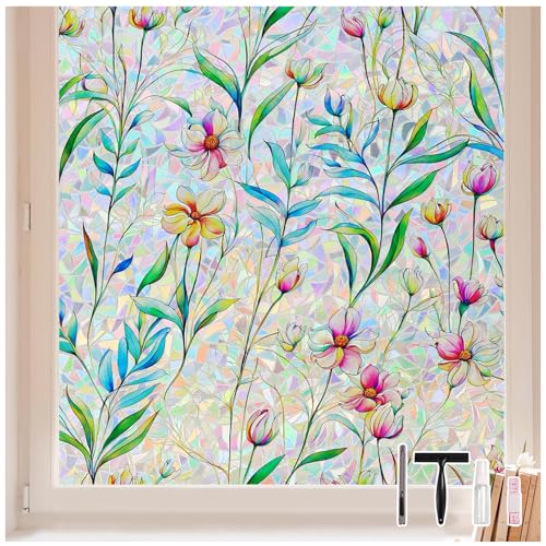 LEMON CLOUD Vinilos para Ventanas, Opaco Privacidad Estático Vinilo Cristales Efecto Arcoiris Patrón Floral, Anti UV para Dormitorio Baño Cocina Sala Hogar 44,5 × 200 CM
