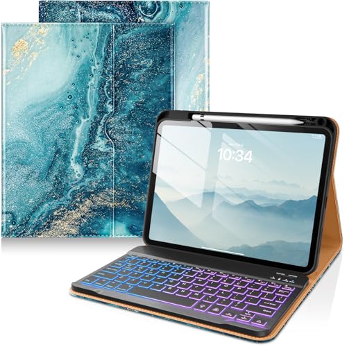 Image of DTTO for iPad 11th (A16) / 10th Generation Case with Keyboard (2025 /2022), 7 Colors Backlit Wireless Detachable Keyboard Leather Folio Cover with Pencil Holder & Pocket, Sandy Wave