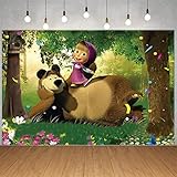 Masha and The Bear Birthday Party Backdrop, 5 x 3 ft Masha & The Bear Happy Birthday Party Banner, Masa Woodland Green Grass Baby Kids Photography Background