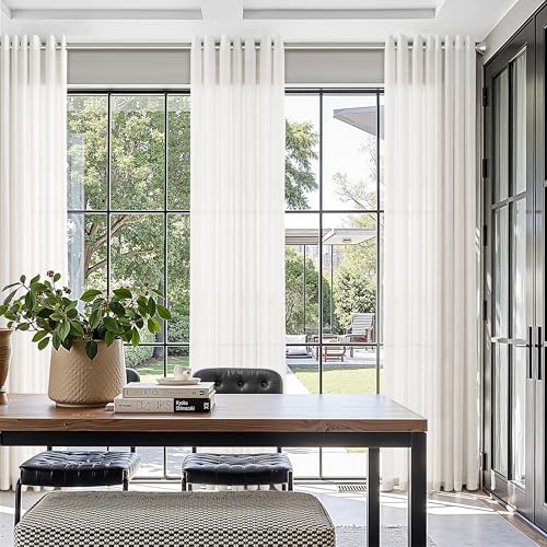 Image of Nanspring Cream Linen Curtains 102 Inches for Living Room 2 Panels Set Light Filtering Privacy Semi Sheer Extra Long Drapes Modern Elegant Cotton Textured Grommet Gauze Window Sheer Curtain 52x102