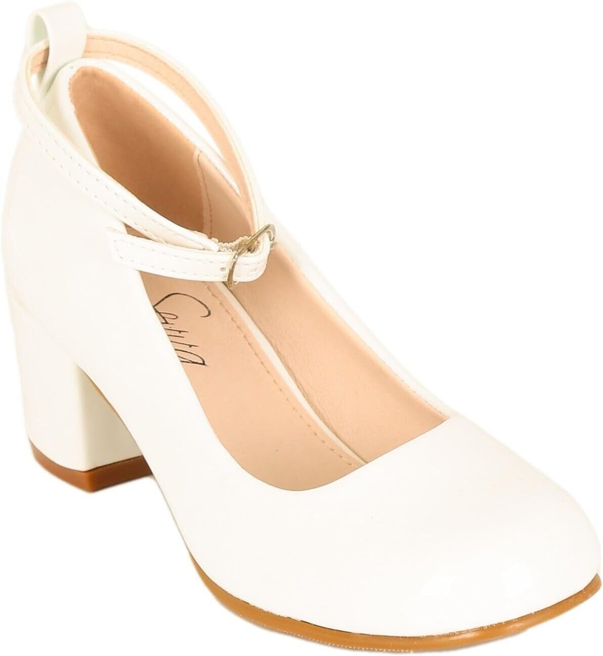 Girls' Patent High Block Heel Mary Jane Shoes with Ankle Strap Communion Confirmation Footwear