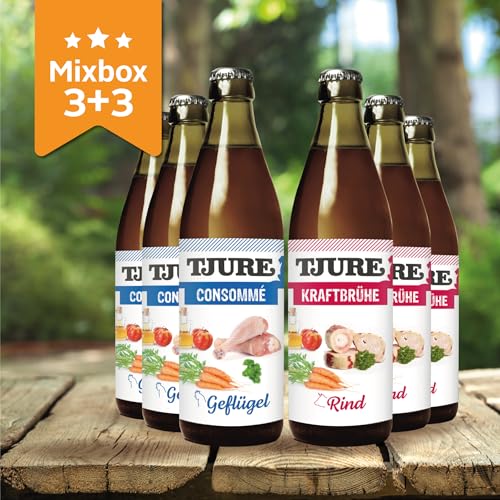 TJURE Kraftbrühe Testpaket 6 x 320ml | 3 x Rind | 3 x Geflügel | Premium Brühe für Hunde & Katzen | Ohne Zusatzstoffe | Getreidefrei | Hochwertige Zutaten aus regionaler Haltung | Made in Germany