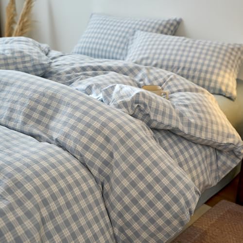 Image of EAVD Vintage Style Blue&White Plaid Gingham Duvet Cover Queen Soft 100% Washed Cotton Chic Grid Checkered Bedding Set with 2 Pillowcases Farmhouse Blue Plaid Duvet Cover with Zipper Closure