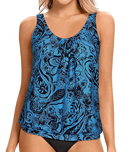 Yonique Womens Blouson Tankini Top No Bottom Loose Fit Swim Top Modest Tank Top Blue Black Paisley L