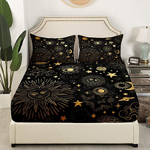 Erosebridal Star Moon Bed Sheet Full Size, Starry Sky Series Fitted Sheet Kids Child, Cosmic Planets Sun Face Pattern Sheet Set Boys Girls, Trippy Hippie Bed Cover, Soft Living Bedroom Decor #TOP2