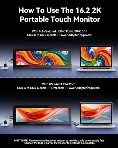 Image of Prechen 16.2'' 2K QHD IPS 2608x720 Touchscreen Secondary Monitor, IPS Stretched Bar LCD Travel Touch Display HDMI USBC, Portable Touch Screen for Laptop Computer Windows Aida64 GPU CPU RAM Monitoring