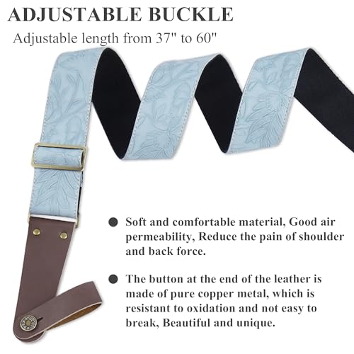 Czzmy Adjustable Guitar Strap Includes 2 Strap Locks & 2 Matching Picks.Leather ends Guitar Shoulder Strap Suitable for Acoustic Guitar,Electric Guitar,Gift for Guitarist(1-Carved Light Blue) - Image 3