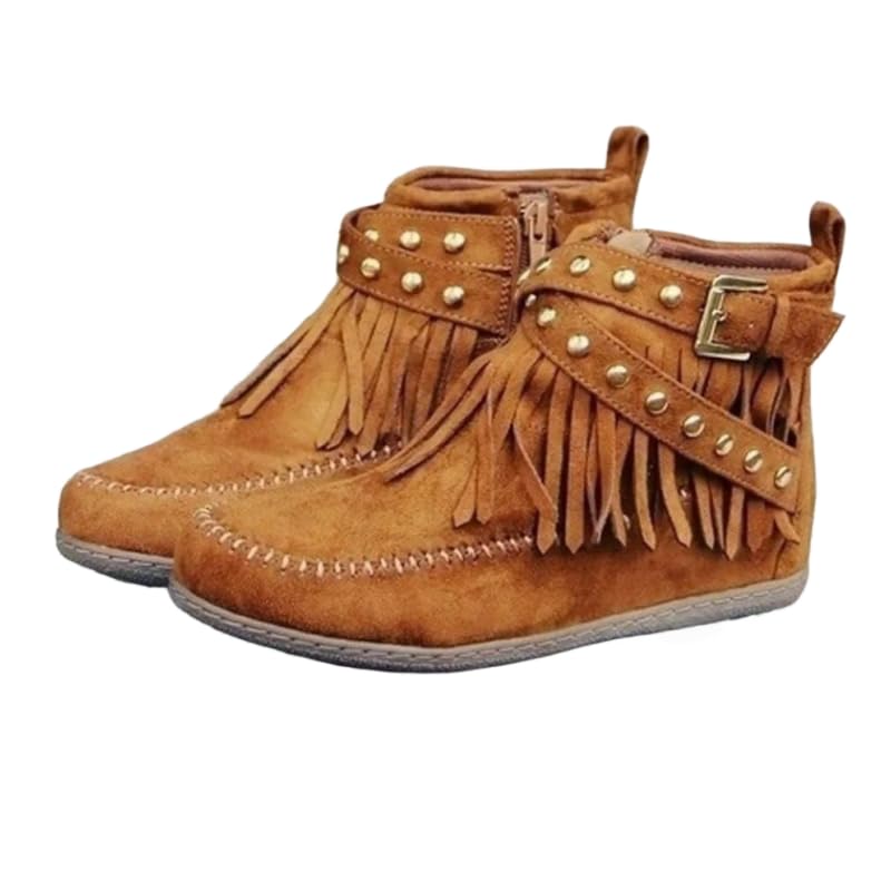 Womens Retro Cowboy Ankle Western Fringe Short Boots Flat Heel Round Toe with Side Zipper Retro Handsome and