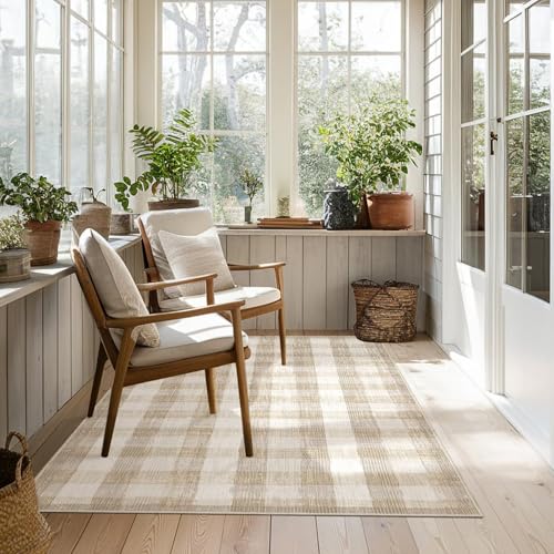 Image of Checkered Area Rug, 3x5, Beige | Washable, Non Slip, Modern Neutral, For Living Room Bedroom Office Patio Dining Room