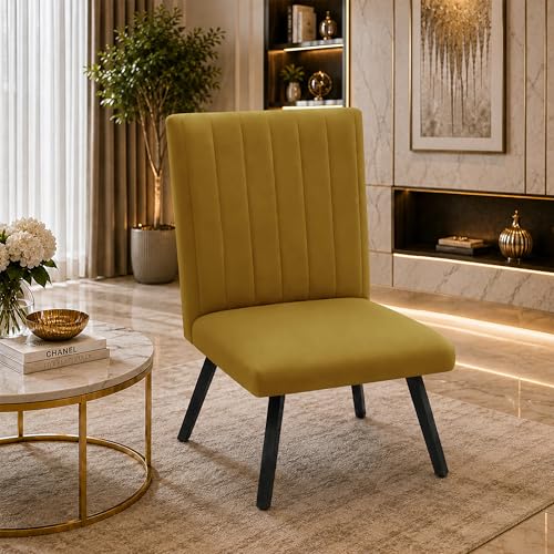 Image of Modern Velvet Accent Chair for Living Room | Upholstered Single Seater Chair with Metal Legs | Comfortable Seating for Bedroom, Office & Guest Room - Golden