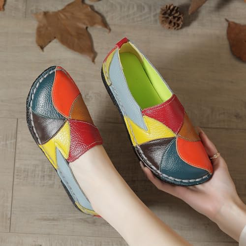 Image of Trsorini Women Leather Loafers Slip-on Casual Flat Shoes | Soft sole comfortable slip on flats,multi color stitching design,driving walking casual daily dress occasions wear