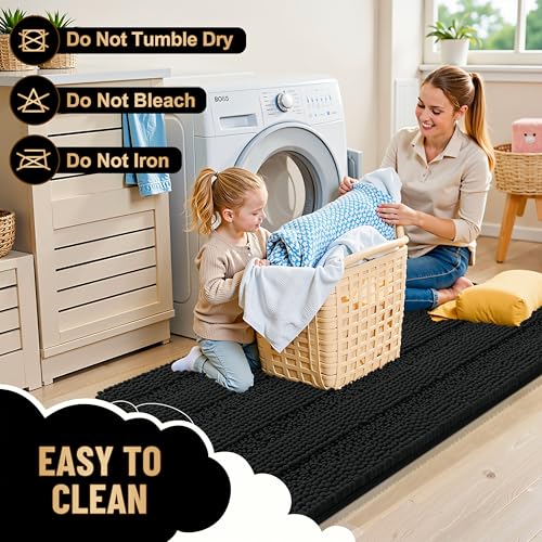 Image of OLANLY Thick Toilet Rugs U-Shaped 24x20, Extra Soft Absorbent Chenille Striped Contour Bathroom Rugs for Toilet, Dry Quickly, Machine Washable, Non-Slip Bath Mat, Black