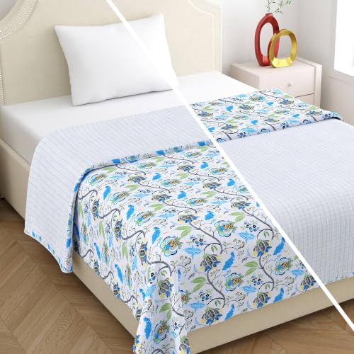 Image of Home Ecstasy 100% Cotton Mulmul Reversible Dohar for Single Bed 210 GSM (56 x 88 inches), Blue