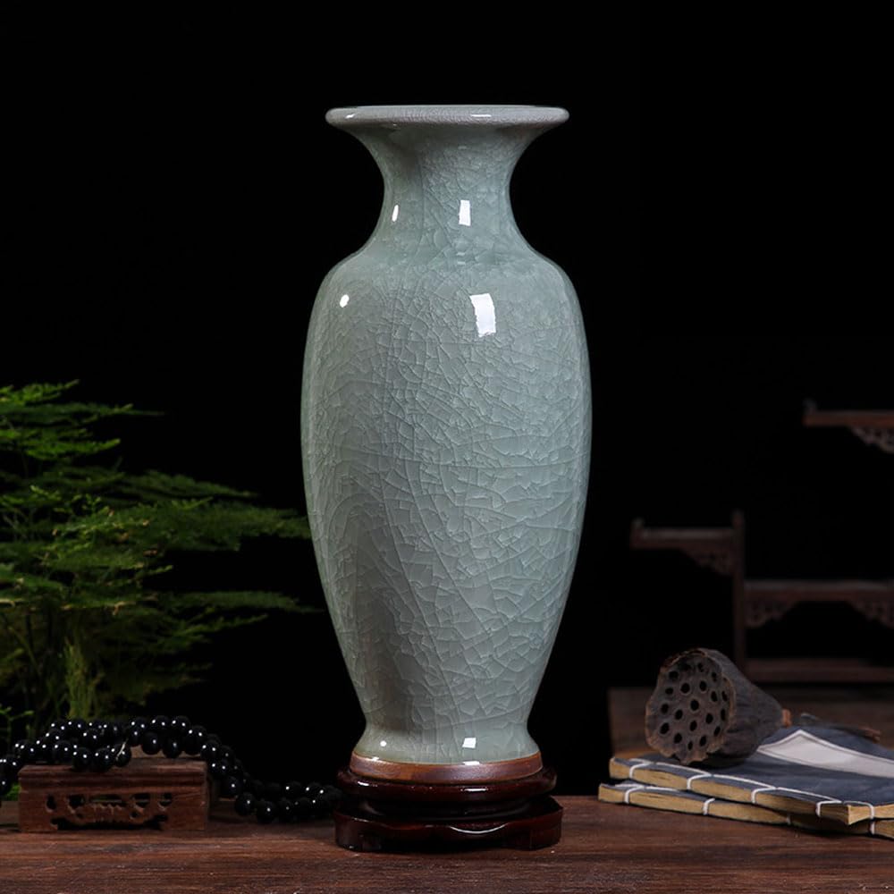 緑のひび割れ模様陶器花瓶（木製台座付き）