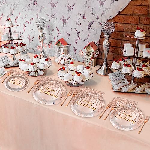 Image of ZOIIWA 96 Pieces Happy Birthday Tableware Set for Pink Rose Gold Table Decorations Supplies Dessert Plates Napkins Forks Women 24 Guests Disposable Party Favors