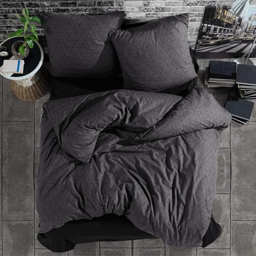 ZIRVEHOME Bettwäsche 240x220 cm. 3 teilig Set, Anthrazit, 100% Baumwolle/Renforcé mit Reißverschluss Atmungsaktiver Bettbezug schwarz geometrische Muster mit Kissenbezug 80x80 cm. Monza V1
