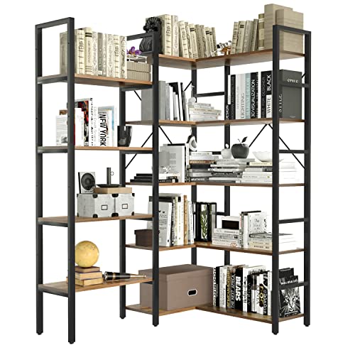Breezestival 5-Tier Bookshelf Triple Wide Corner Shelf Industrial Vintage Wood Style Large Open Bookcase For Home&Office #TOP25