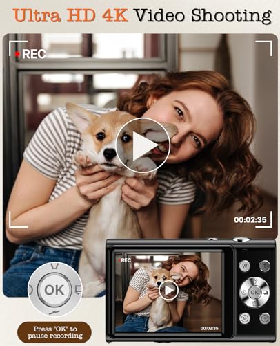 Image of Digital Camera, 4K Vlogging Camera for YouTube Autofocus Cameras for Photography with 16X Digital Zoom, 48MP Compact Point and Shoot Digital Camera for Teens Adult with 32GB SD Card, 2 Batteries-Black