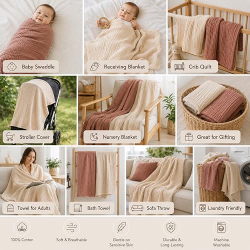 Image of Aablexema Muslin Baby Blanket Set of 2, Beige & Coffee | 6-Layer, 43 x 43 Inches, Newborn Toddler, Bath Towel Swaddle Wrap, For Boys Girls