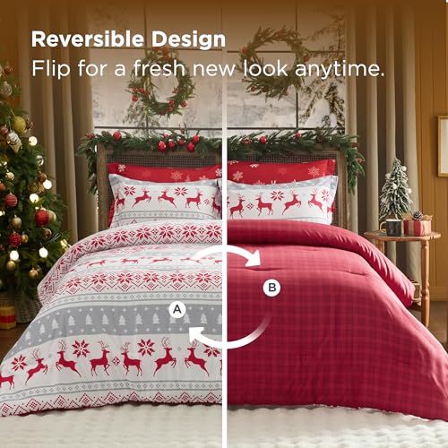 Image of Bedsure Christmas Twin Comforter Set - 4 Pieces Christmas Twin Bedding Set, Bed in a Bag with 1 Soft Reindeer Reversible Comforter, 1 Pillow Sham, 1 Throw Blanket and 1 Decorative