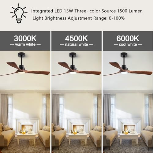 Image of 42-inch Silent Ceiling Fan Light with Remote Control, 3CCT, Walnut Finish