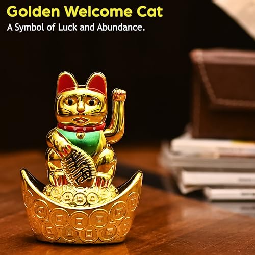 Image of ZAICUS Golden Waving Cat Figurine on Money Ingots | Feng Shui Symbol for Good Luck, Wealth, Prosperity, and Health | Decorative Cat Statue for Home & Office