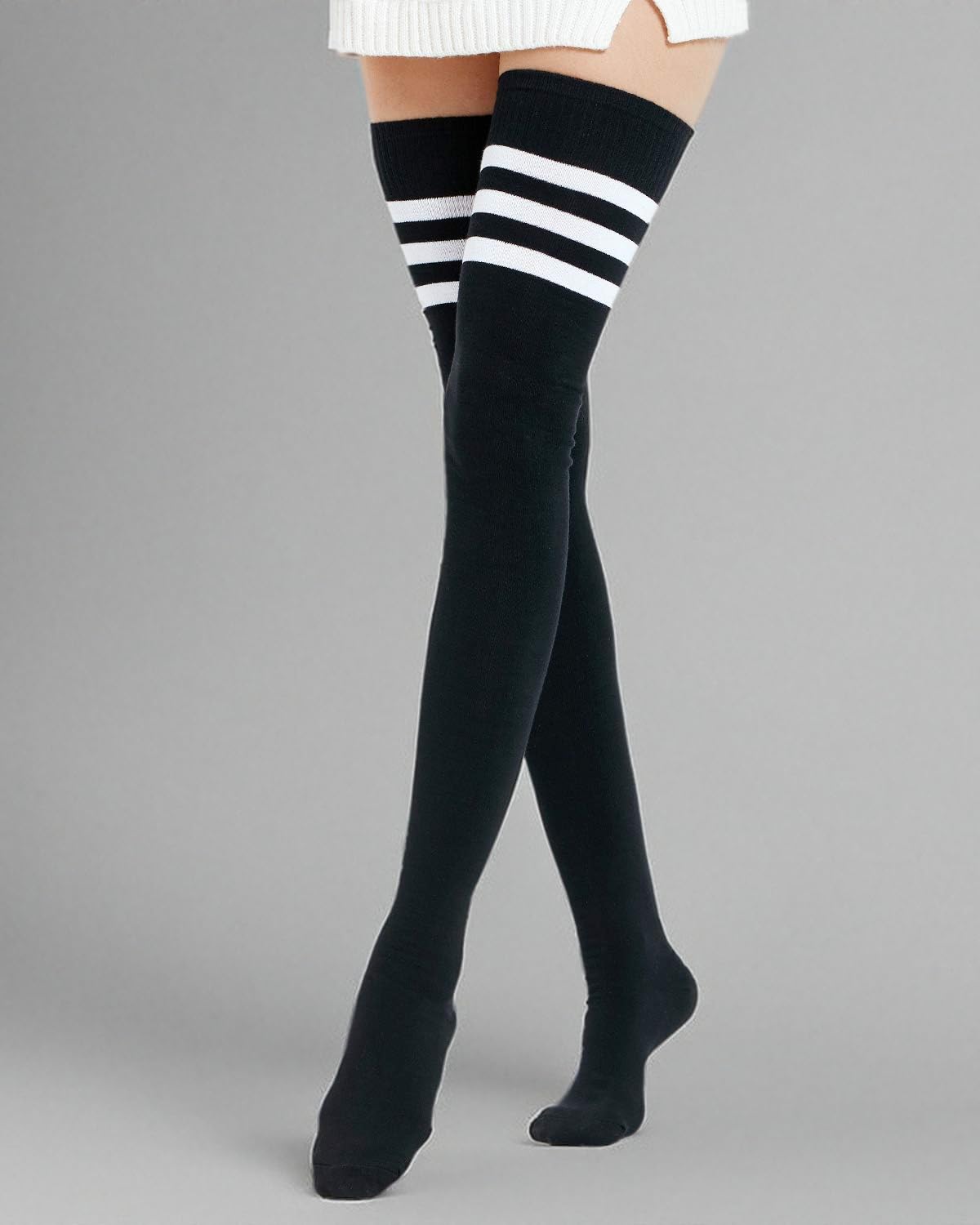 Kayhoma Extra Long Cotton Stripe Thigh High Socks Over the Knee High Plus Size Stockings…: Medium Black