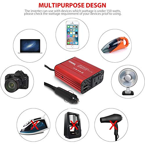 150W Car Power Inverter 12V DC to 110V AC Converter with 4.2A Dual USB Car Charger Adapter Modified Sine Wave Converter with AC Outlet for Car(Red)