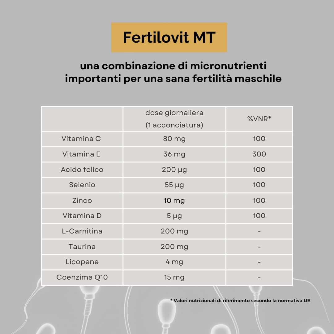Fertilovit® MT – Integratore per fertilità maschile con Zinco, Selenio, L-Carnitina, Taurina, Licopene e Coenzima Q10 – Supporto per la normale formazione degli spermatozoi – 90 capsule (3 mesi)