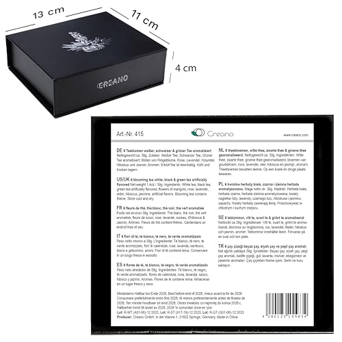 Creano 6 Teeblumen Geschenkbox weißer, schwarzer & grüner Tee in edler Magnetbox mit Silberprägung - 6 verschiedene Sorten - Geschenk zu Weihnachten