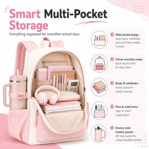 Image of LOIDOU Backpack for Girls School Backpacks Bookbags for Elementary Middle School Women Laptop Backpacks (Pink White-, L-17)
