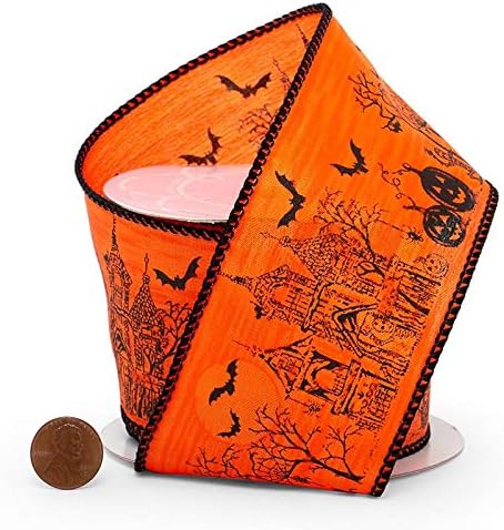 2 1/2" X 10 Yards Black/Orange Halloween House Wired Ribbon