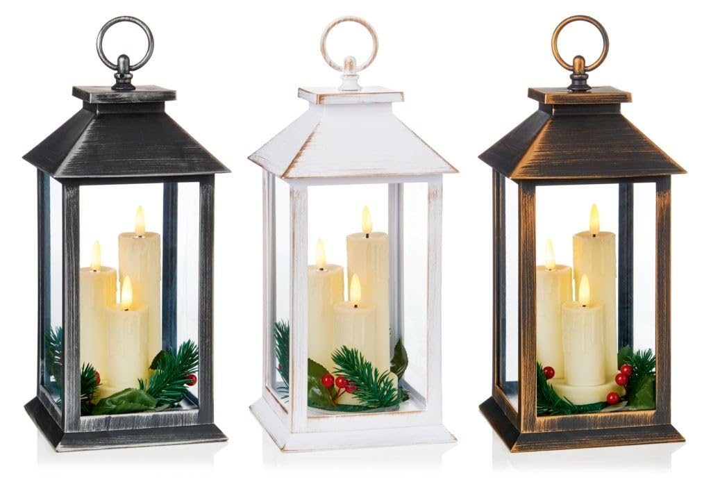Rustic Large Bronze and Gold Lantern with 3 LED Flicker Flame Candles 27cm Tall with Handle