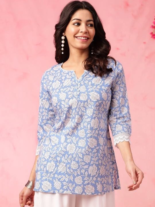 Image of MAHIRA'S Comfort Women's Short Kurti, Rayon Tunic Top with 3 /4 Embroidered Designer Sleeves | Soft Breathable Fabric | Office & Casual Kurti for Jeans, Leggings & Trousers